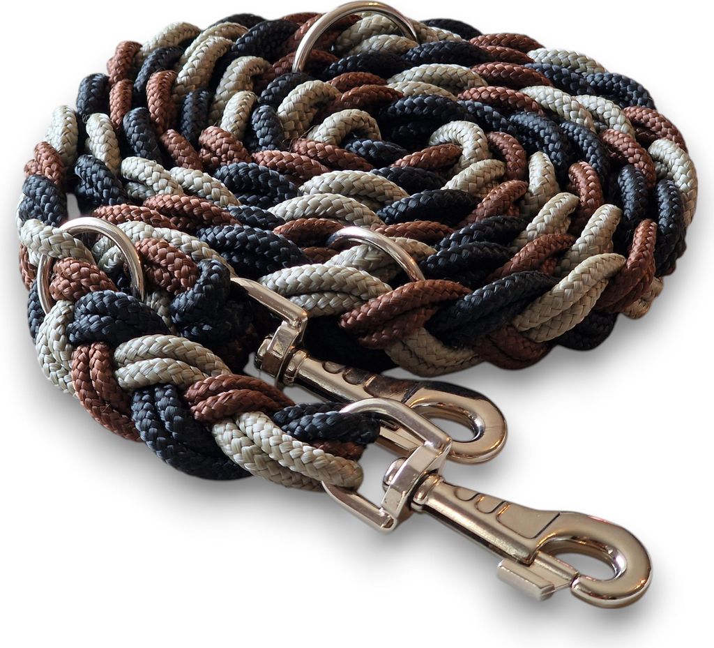 Hundeleine Doppelleine Umhängeleine Robust 2,4m 3-fach verstellbar 20mm geflochten handgefertigt schwarz-braun-khaki