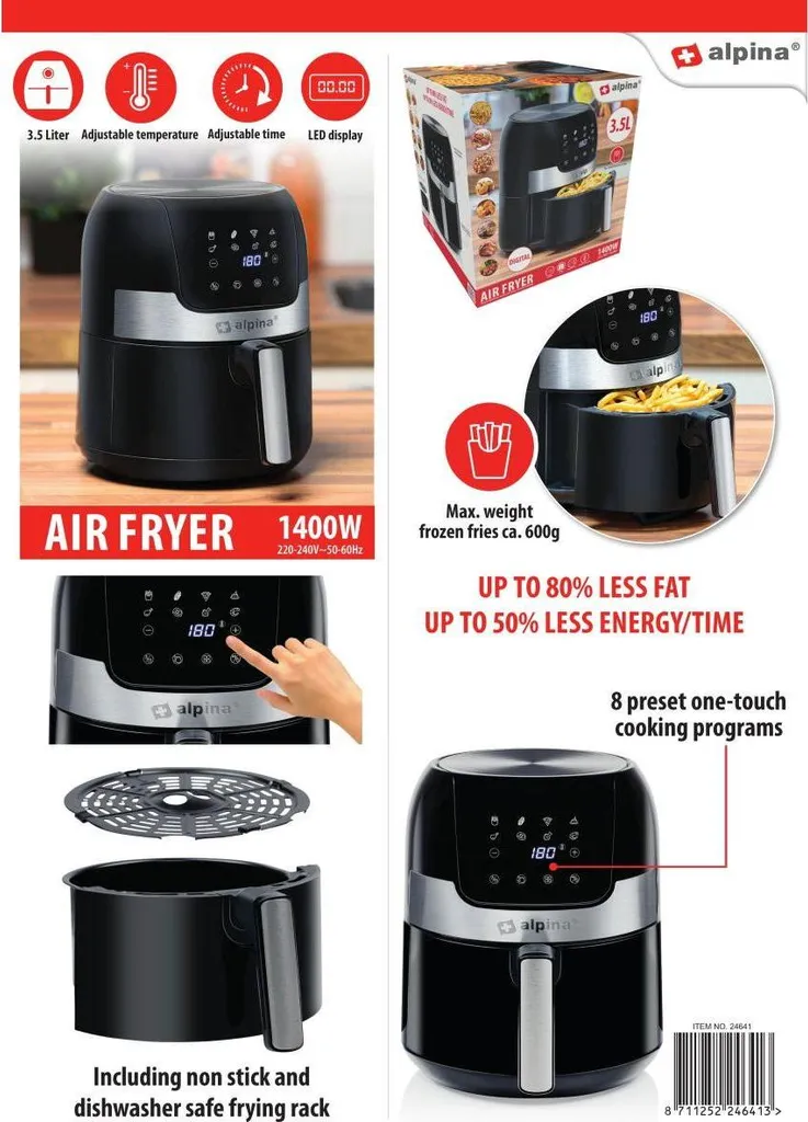 Friteuse à air Alpina 1400W - Écran tactile et thermostat réglable - 25