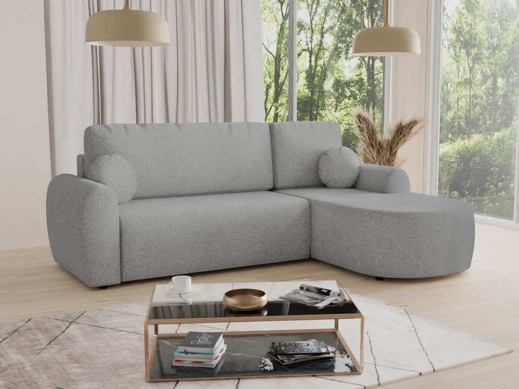 Ecksofa Jazz mit Schlaffunktion und Bettkasten - Bouclé-Stoff - L-Form Couch, Polstersofa, Schlafsofa, Sofagarnitur, Bettsofa (Grau (Coral 75), Ec...