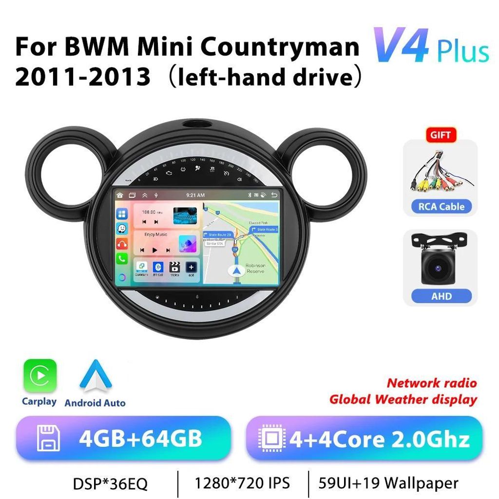 Android 13 Autoradio - 2DIN Navi Multimedia System - 9" 22,9 cm Touchscreen - 4G LTE - 4GB RAM 64GB ROM 2,0 GHz - Für Mini Cooper Countryman 2011-...