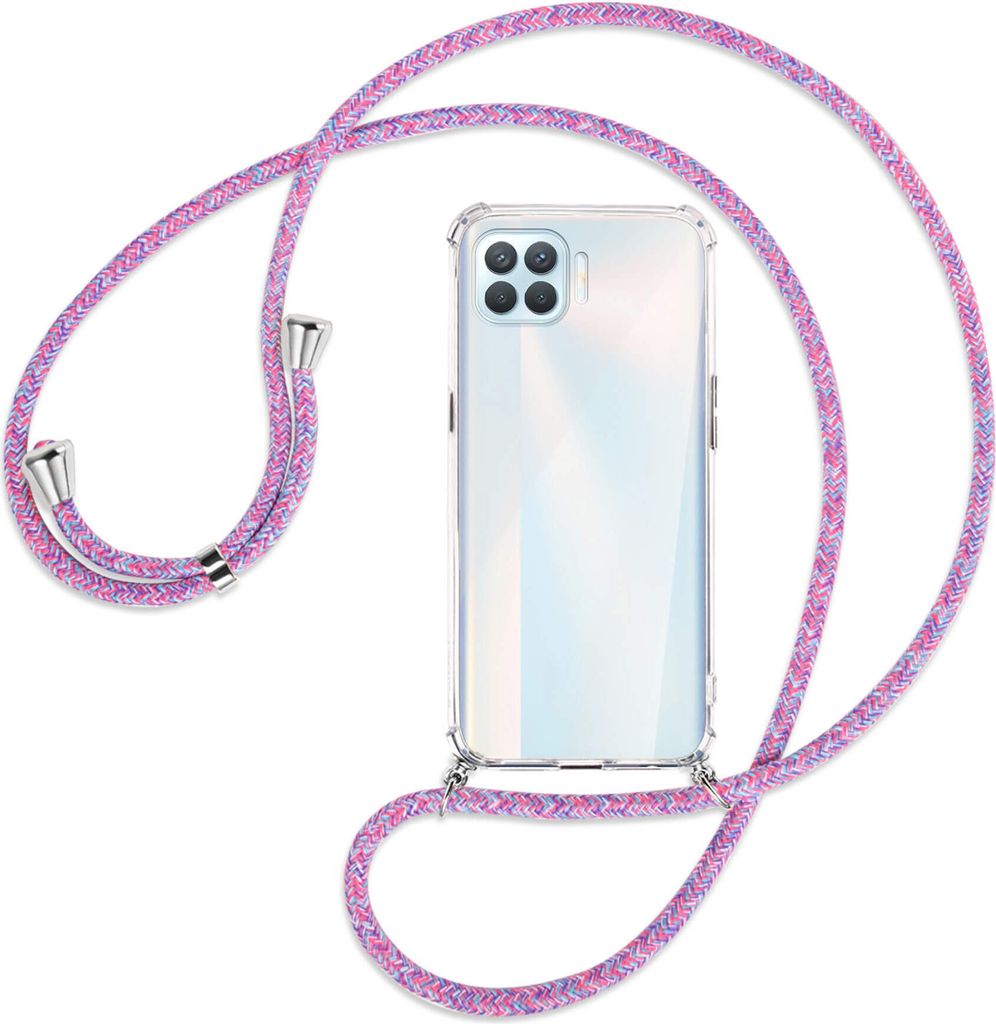 Handykette Backcover-Schutzhülle mit Band (Metall silberfarben) für Oppo A93 - lila/rosa/blau