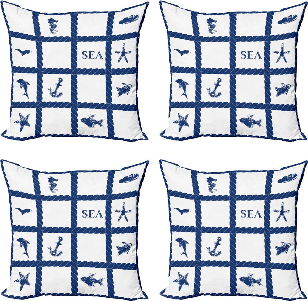 ABAKUHAUS Navy blau Kissenbezug Set (4 Stück), Seestern Anchor Sealife, Moderner Doppelseitiger Digitaldruck, 50 cm x 50 cm, Marine-Blau und Weiß