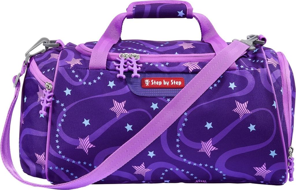 A purple duffel bag with a star pattern.