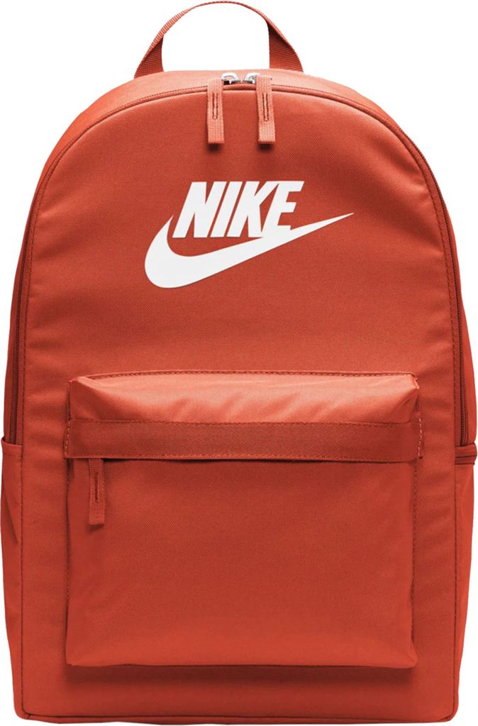 A front view of an orange Nike backpack.