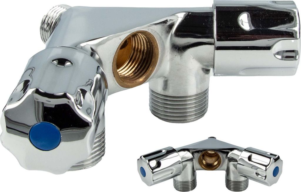 A chrome-plated brass dual device valve with three outlets is shown against a white background. A smaller inset image shows a similar valve from a different angle.
