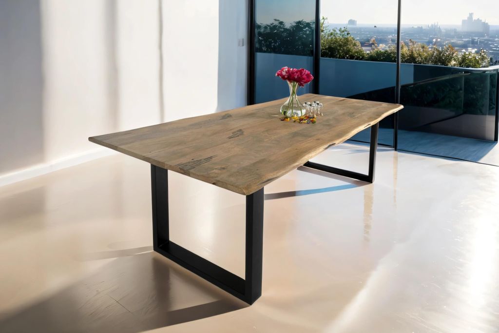 Esstisch Tiger 200 x 100 cm, Mangoholz massiv & naturfarben, Baumkantentisch mit U-Metallgestell in Schwarz, echte Baumkante, Esszimmertisch in Vin...