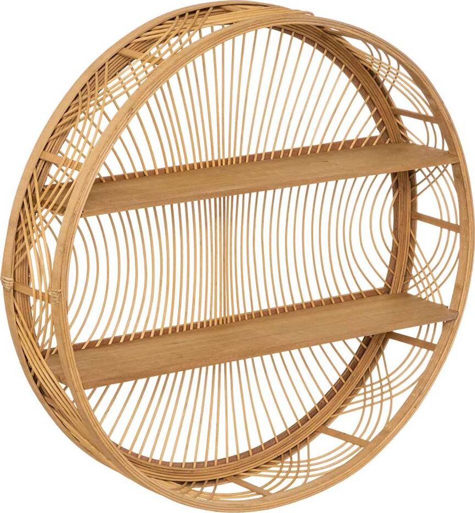 A round, woven rattan shelf with two wooden shelves, displayed against a white background.