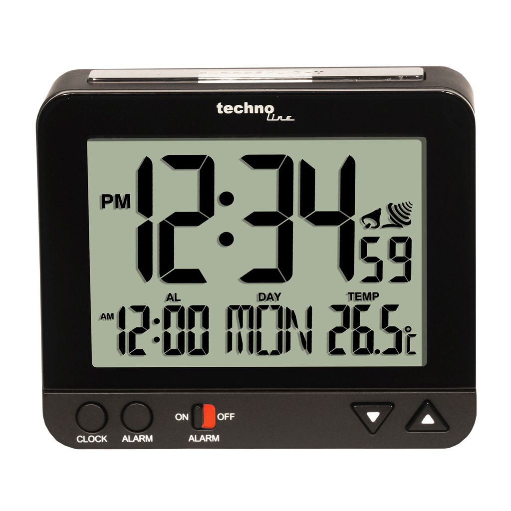 A black digital alarm clock displaying the time, date, and temperature.