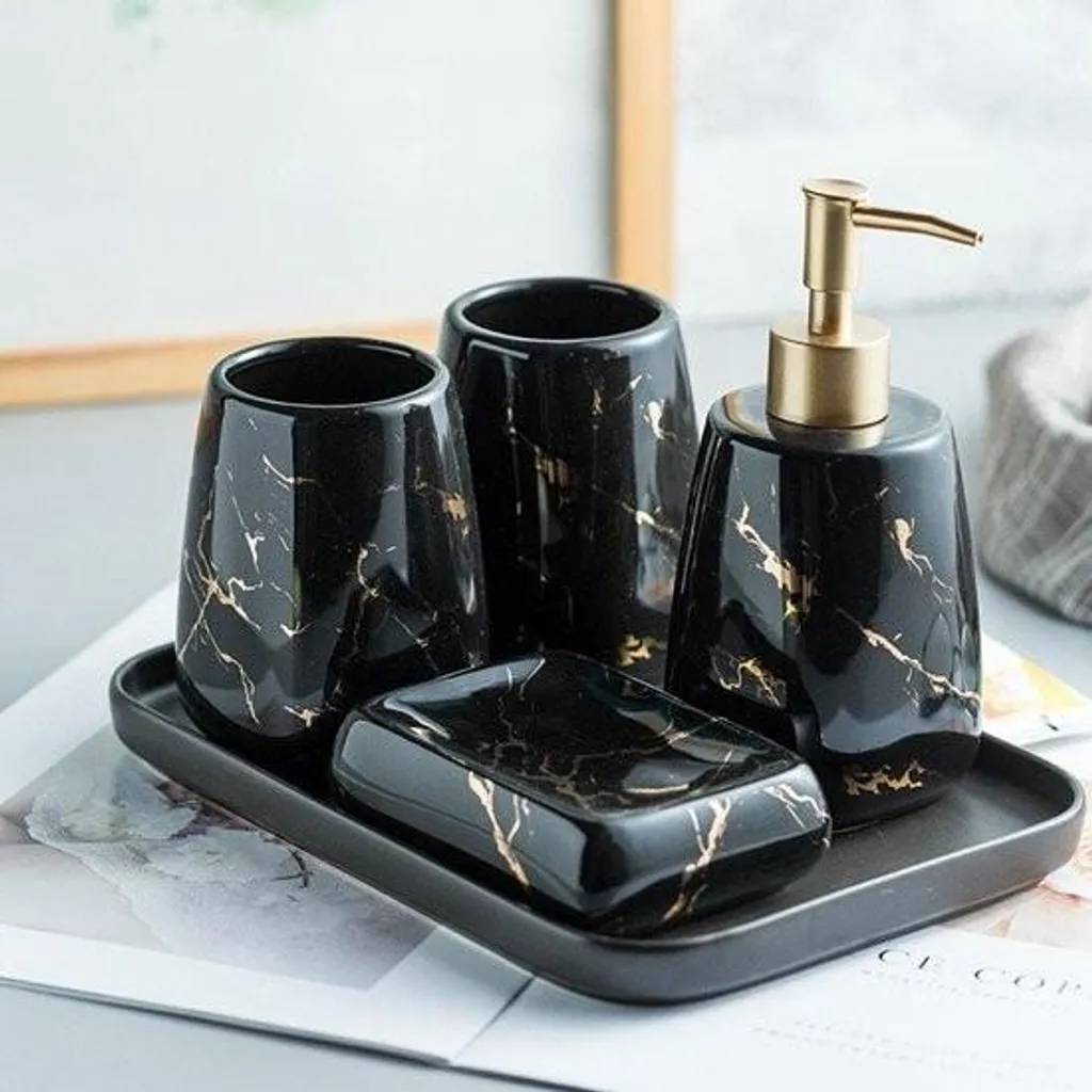 Accessoires de salle de bain modernes ensemble 5 pièces marbre et noir