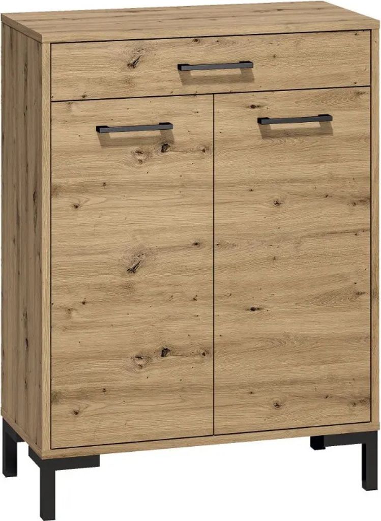 A front view of a wooden cabinet with two doors and a drawer, set against a white background.