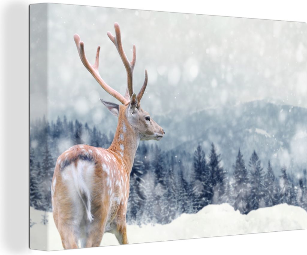 OneMillionCanvasses - Leinwandbilder - 150x100 cm, Rotwild - Schnee - Tier, Wandbilder Kunstdruck Wanddekoration - Foto auf Leinwand - Gemälde a...