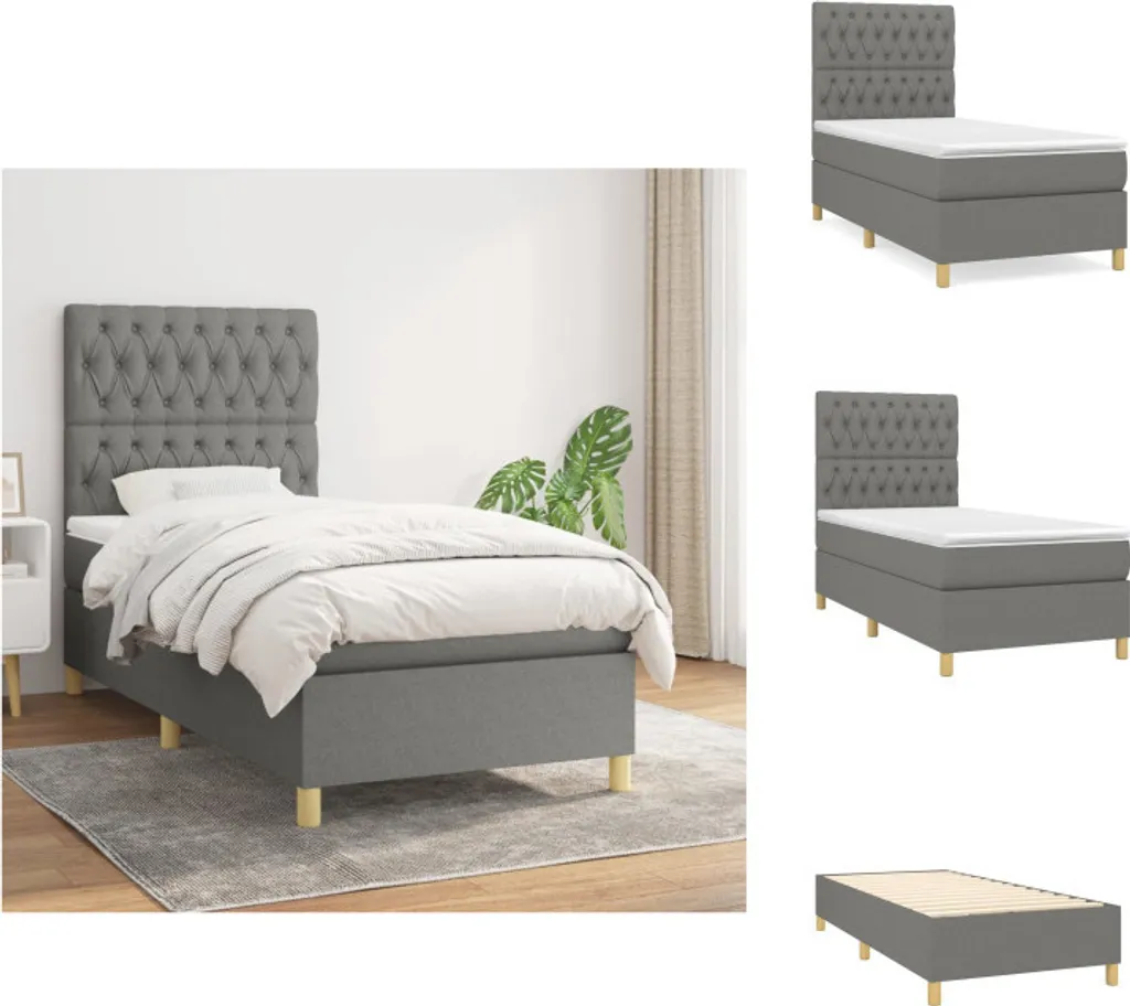Lit Boxspring vidaXL avec matelas 90x190 cm Gris Foncé en Tissu