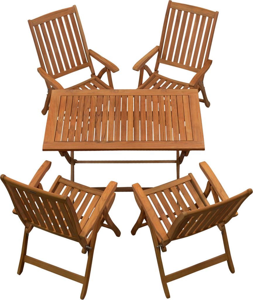 Garten-Essgruppen Edle Teak Sitzgruppe aus 4 Hochlehnern und 1 Klapptisch 120 x 80 cm Set aus Teak-Gartenmöbeln mit Klappfunktion