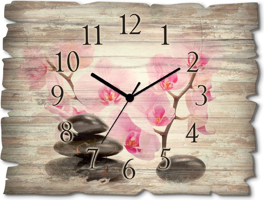 ARTland Holz Wanduhr Funkuhr - schwarzer Zeiger Schwarze Steine und pinke Orchidee Größe: 40x30 cm