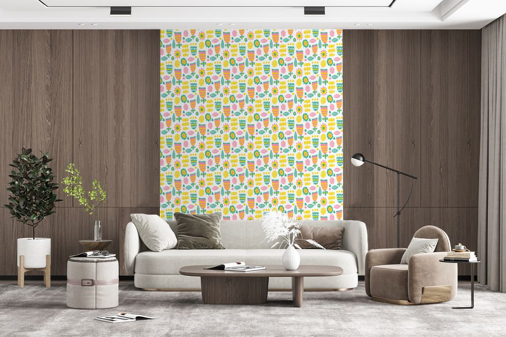 MuchoWow Fototapete für Wohnzimmer oder Schlafzimmer Wandtapete Vinyl Motivtapete Skandinavisch - Blumen - Frühling - Muster - 175x240 cm - Sch...