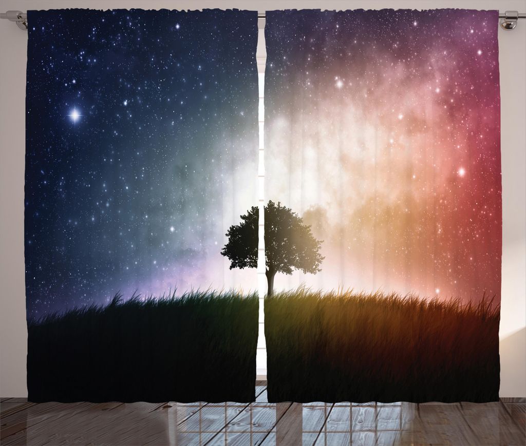 ABAKUHAUS Platz Rustikaler Vorhang, Baum auf dem Gebiet mit Sternen, Wohnzimmer Universalband Gardinen mit Schlaufen und Haken, 280 x 225 cm, Magen...