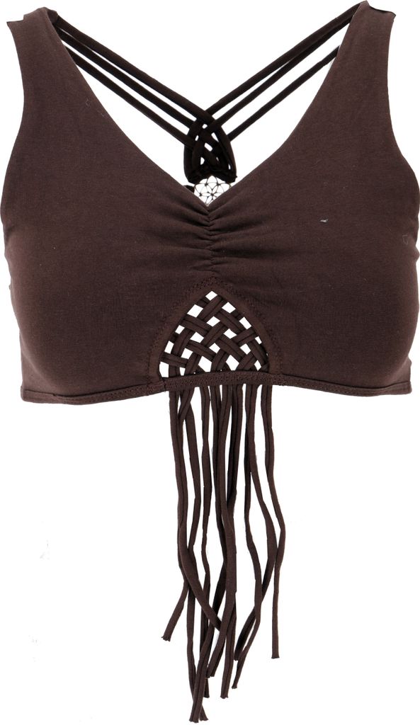 Goa Psytrance Bikini Top, Boho Top, Pixi Top, Fransentop - Dunkelbraun, Damen, Elasthan,Baumwolle, Größe: S