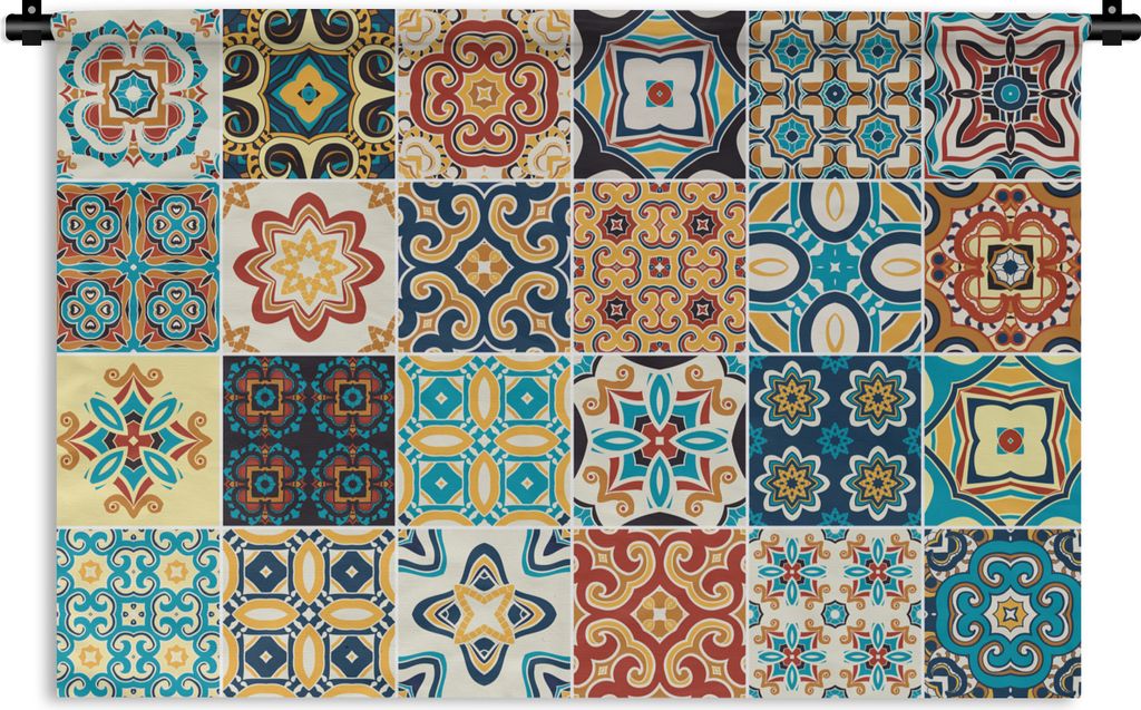MuchoWow Wandteppich Wandbehang Blumen - Vintage - Muster - Blau - Orange 150x100 cm Tapisserie Dekoration Wandtuch - Waschbar - Tapisserien - Wa...