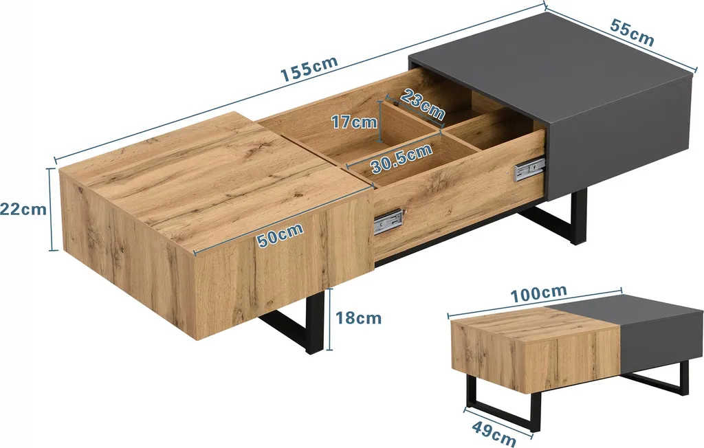 Table Basse Moderne en MDF avec Compartiment Caché Coulissant 155x55cm - 4