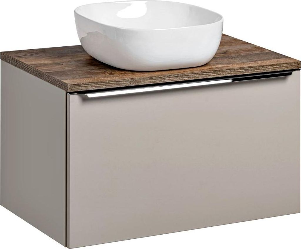 Waschtisch-Unterschrank Set 80cm in taupe mit Vintage Eiche PUEBLA-56-TAUPE Keramikbecken, 2 Softclose-Schubkästen, B/H/T 80,4/62,5/46 cm