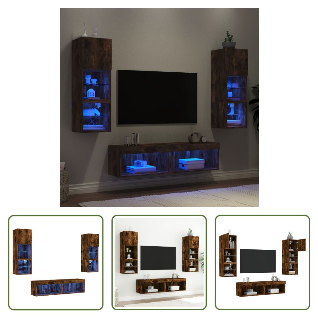 The Living Store 6-tlg. Wohnwand mit LED-Beleuchtung Räuchereiche Holzwerkstoff