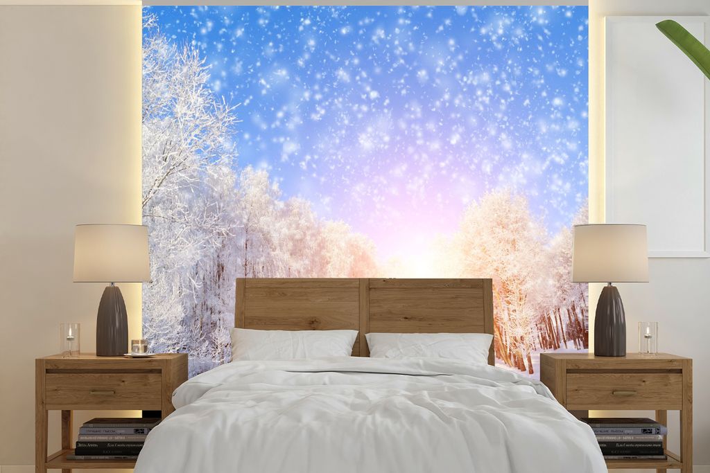 MuchoWow Fototapete für Wohnzimmer oder Schlafzimmer Wandtapete Vinyl Motivtapete Schnee - Sonne - Winter - 300x300 cm - Wanddekoration