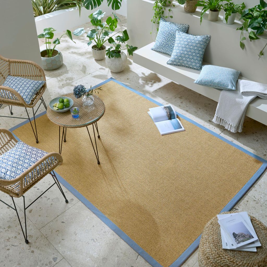 Outdoor Teppich Sisal Bordüre, Balkon schmutzabweisend Natur-Blau Rechteckig 120x170 | 60% Polyester, 40% Polypropylen, Rücken aus 100% Latex