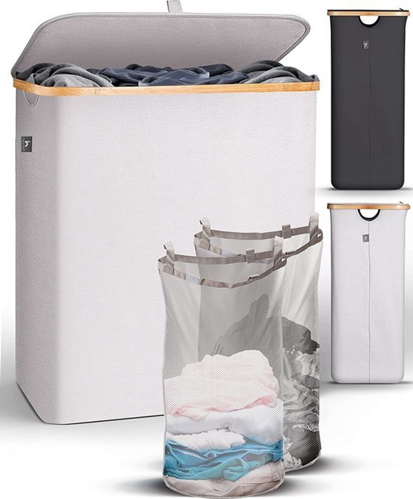 HENNEZ Großer Wäschekorb mit Deckel, 2 Fächer | 140L Wäschesack | Wäschekorb für Bad und Schlafzimmer | Moderner Wäschesammler mit Griffen |...
