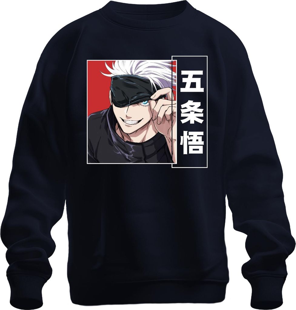 Jujutsu Kaisen Gojo Satoru 五条悟 Anime Ästhetik Augenbinde weißes Haar Uni Sweatshirt Pullover, Navy, 3XL
