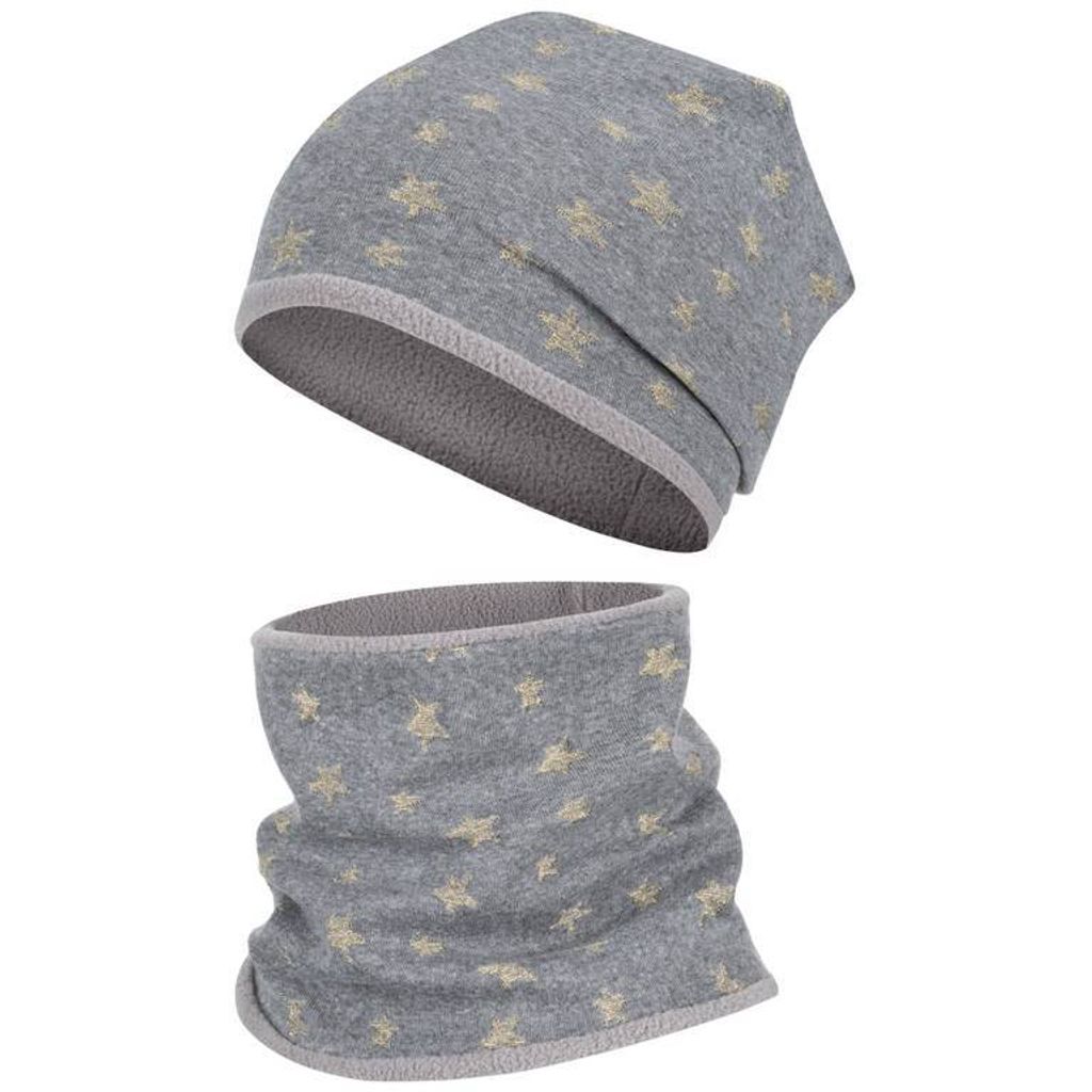 Wintermütze + Schlauchschal Mädchen Winterset Beanie Snood Herz Sterne, Grau-Gold-Sterne, Gr. 54-56