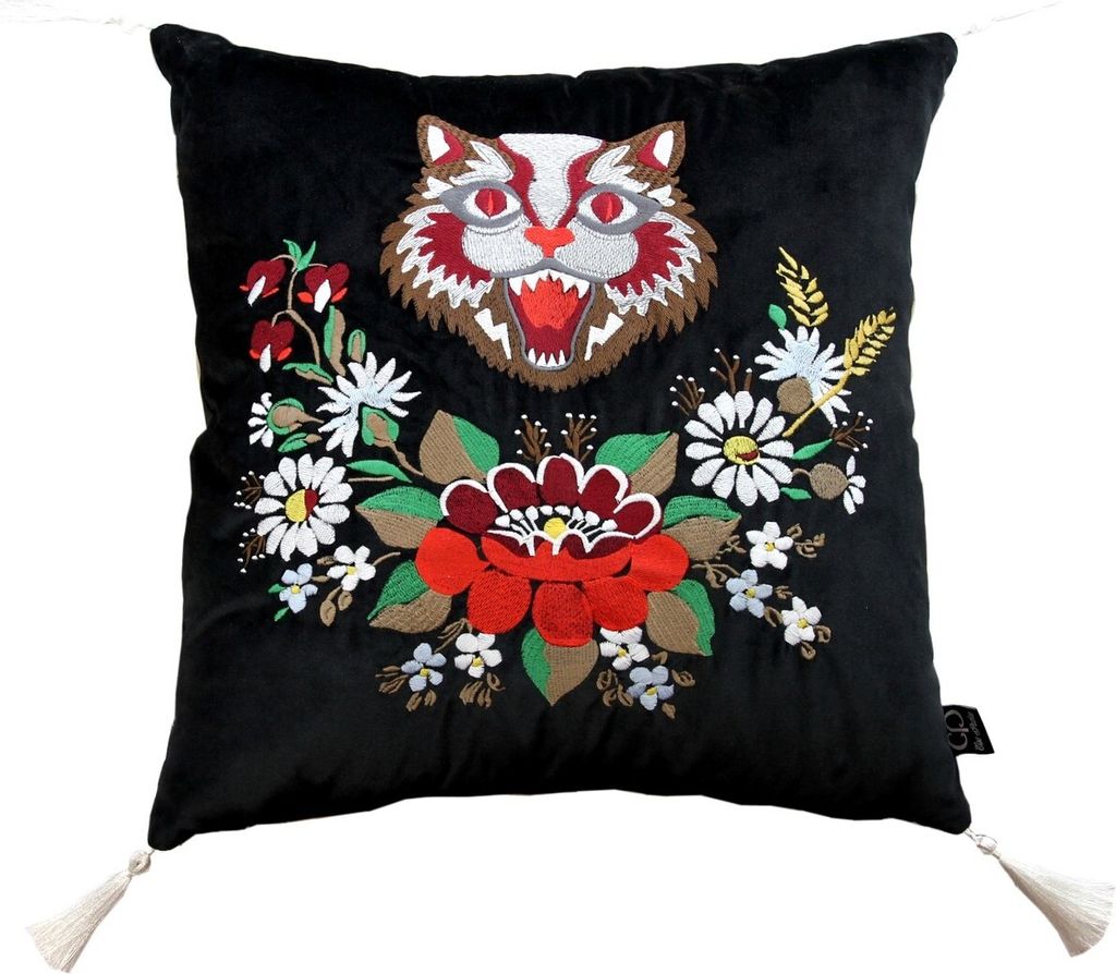 Casa Padrino Luxus Deko Kissen mit Troddeln Cat Schwarz / Weiß 45 x 45 cm - Feinster Samtstoff - Wohnzimmer Kissen