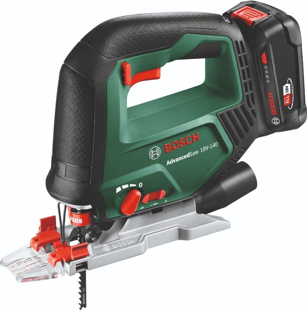 A cordless jigsaw is shown from a slightly elevated side angle against a white background.