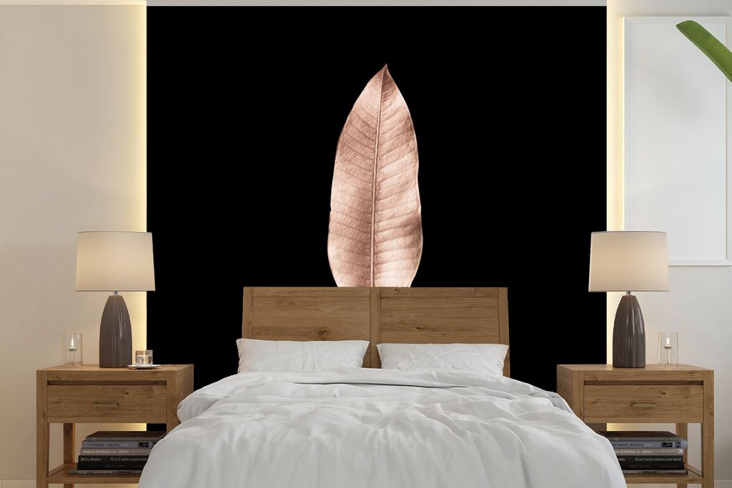 MuchoWow Fototapete für Wohnzimmer oder Schlafzimmer Wandtapete Vinyl Motivtapete Blatt - Gold - Rosa - 350x350 cm - Schlafzimmertapete