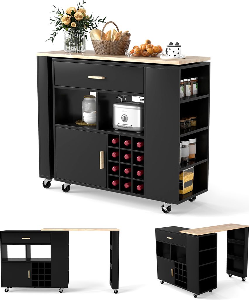COSTWAY Küchenwagen & Bartisch, Kücheninsel mit Regal, Weinregal, Schublade & Gewürzregal, Küchenschrank rollbar, Servierwagen, Schwarz