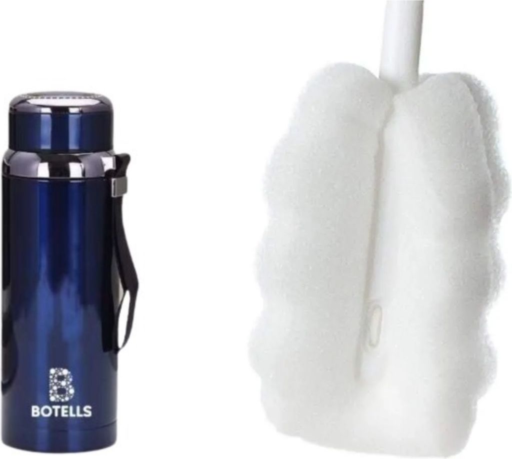 Botells Thermoflasche 800 ml, Edelstahl, Teesieb, Handschlaufe, robust, Vakuum isoliert, doppelwandig, geschmacksneutral (Blau m. Reinigungsbürste)
