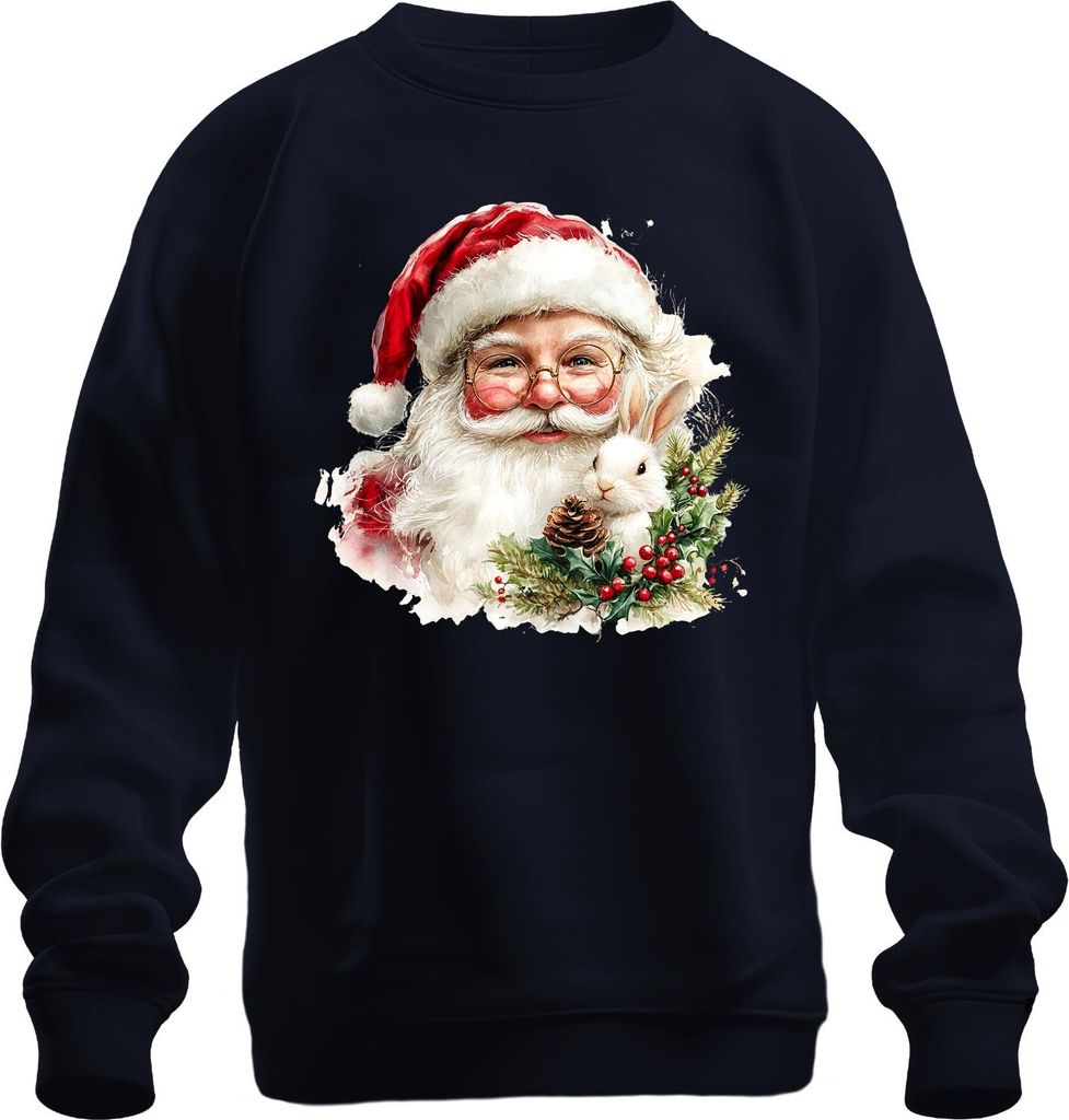 Weihnachtsmann Kaninchen Tannenzapfen Stechpalme Aquarell Uni Sweatshirt Pullover, Navy, XXL