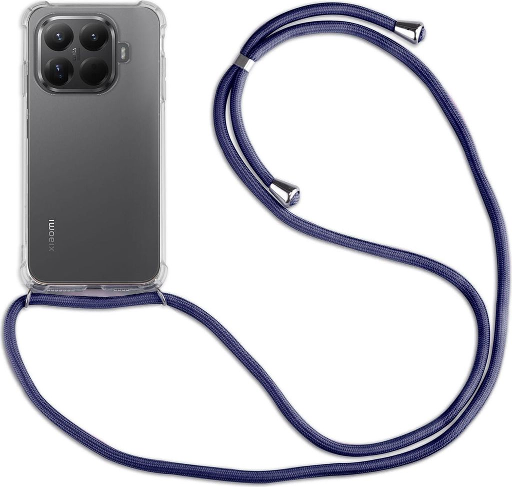 A transparent phone case with a dark blue lanyard attached to a smartphone.