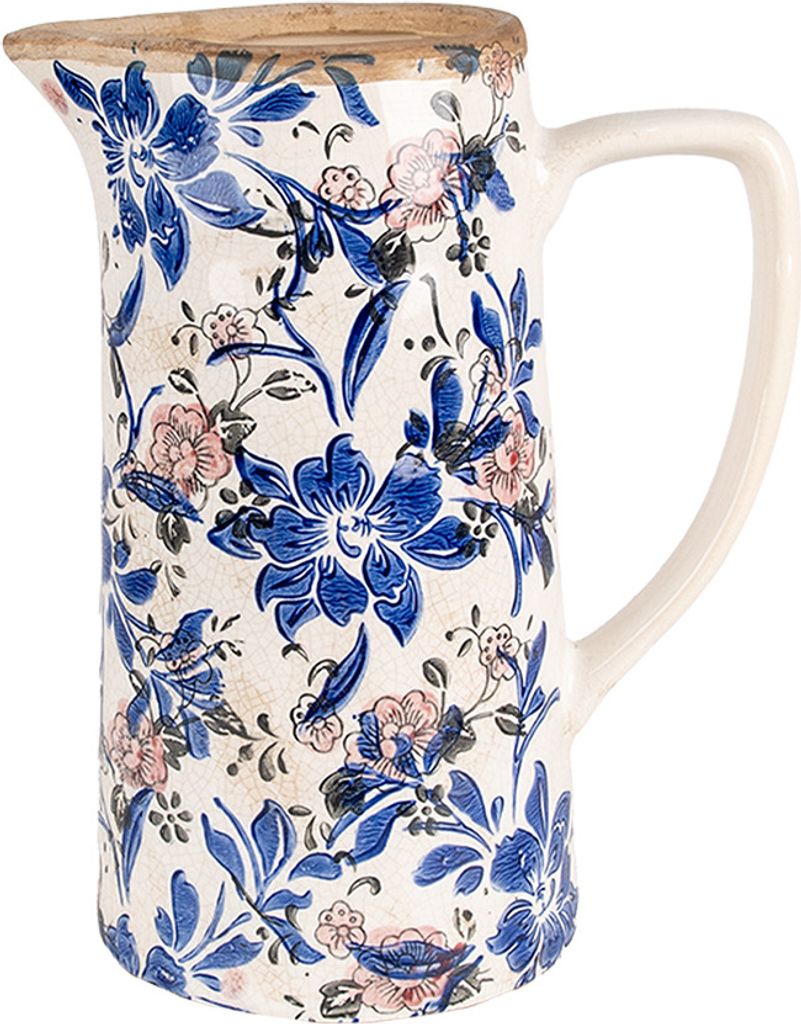 Clayre & Eef Dekorative Kanne 21x14x26 cm Beige Blau Keramik Blumen