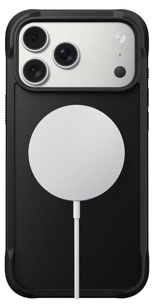 A black iPhone case with a white MagSafe charger attached.