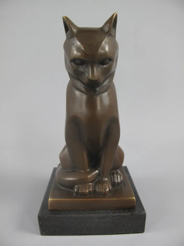 Statue de Chat en Bronze Style Antique sur Socle Marbre Noir H17