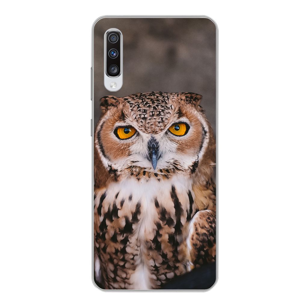 MuchoWow Handyhülle Schutzhülle Hülle für Samsung Galaxy A70 Braune Eule schaut direkt in die Kamera Silikon Softcase Handy Hülle - Schutzhaube