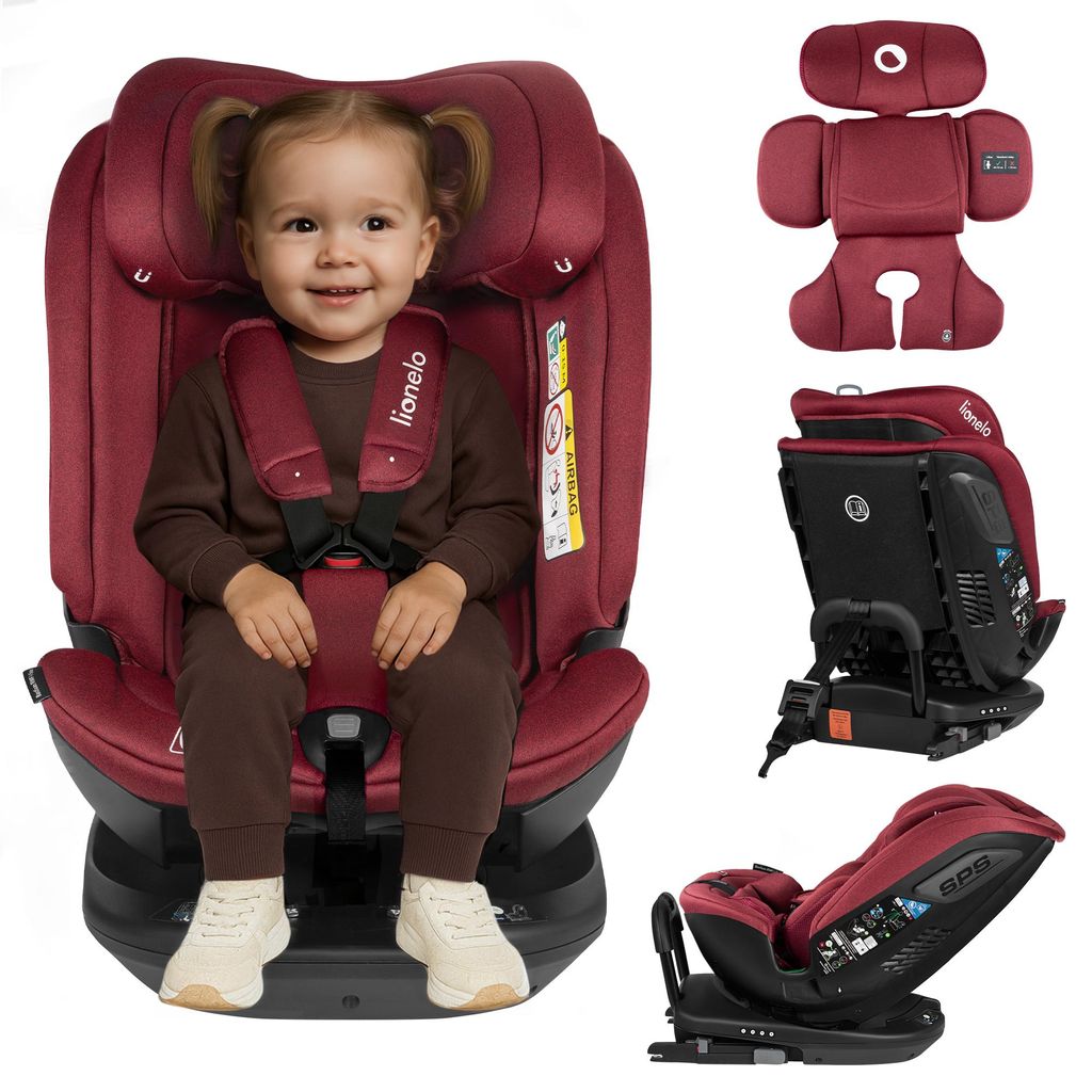 A child is sitting in a car seat, with other views of the car seat shown separately.