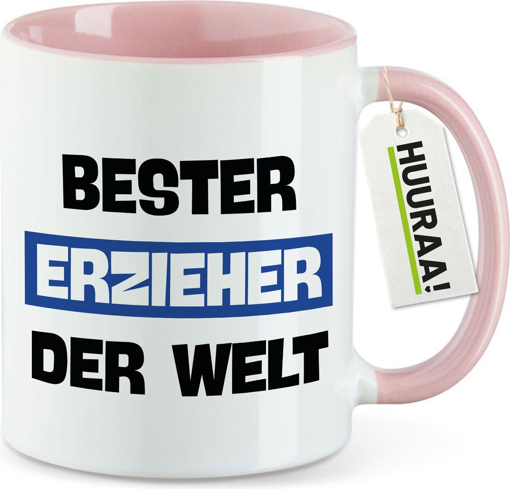 Huuraa Kaffeetasse Bester Erzieher der Welt 330ml Rosa Keramik Kaffeebecher Geschenkidee
