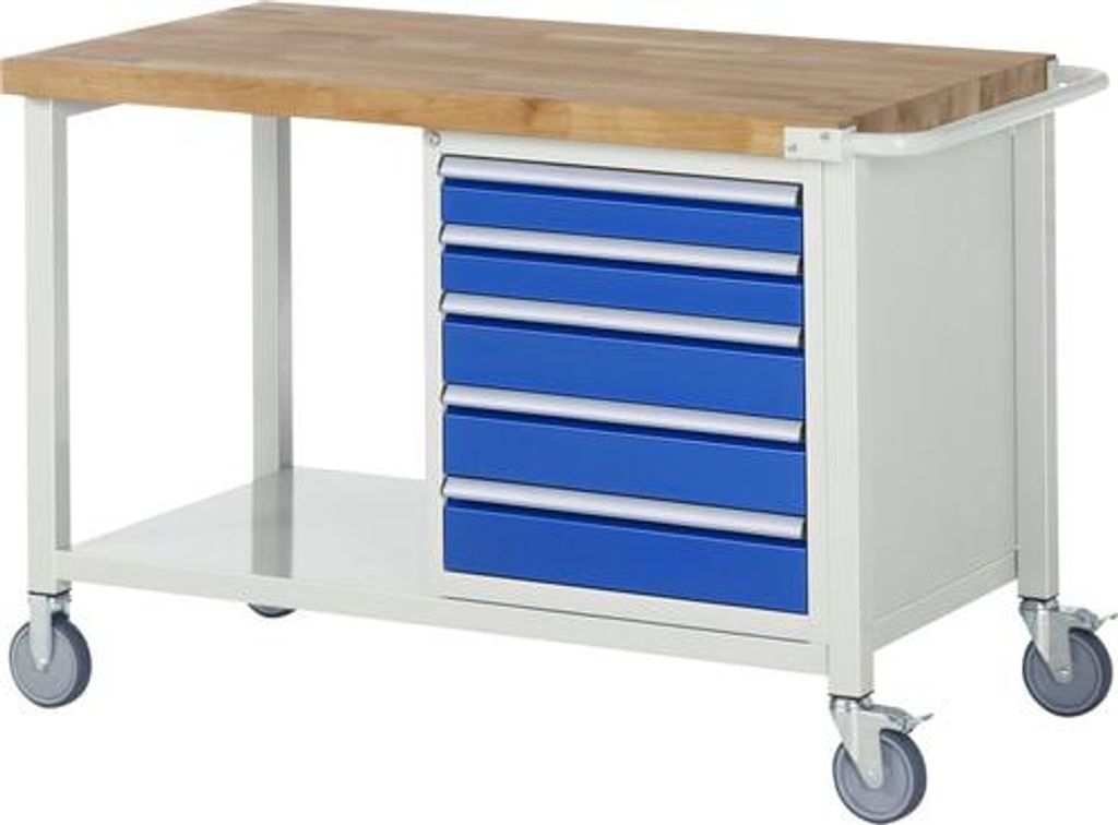 Mobile Werkbank mit Ablageboden - 5 Schubladen - Vollauszug - 90:2 / 120:3 - 880 x 1.250 x 700 mm (HxBxT) - Traglast 450 kg - Buche