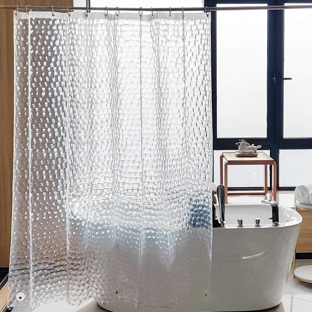 Hochwertiger EVA-Duschvorhang mit Magneten, wasserdicht, 3D-Wasserwürfel-Design, transparent, geruchsneutral, 12 Haken, 150 cm (B) x 180 cm (L)