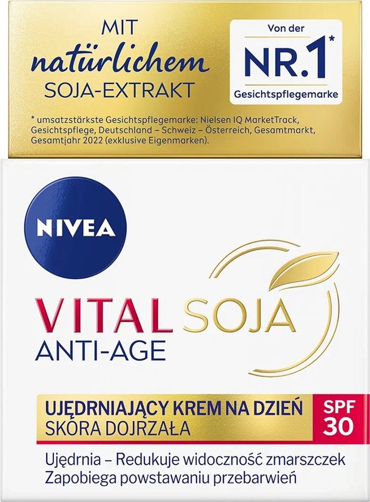 The image shows the packaging of a NIVEA Vital Soja Anti-Age face cream.