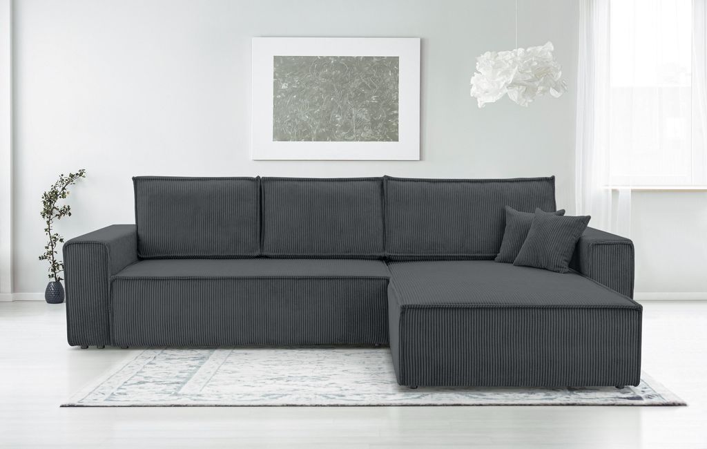 AX LIVING Dunkelgrau Cord Couch L Form – Cedria Wohnlandschaft 287cm