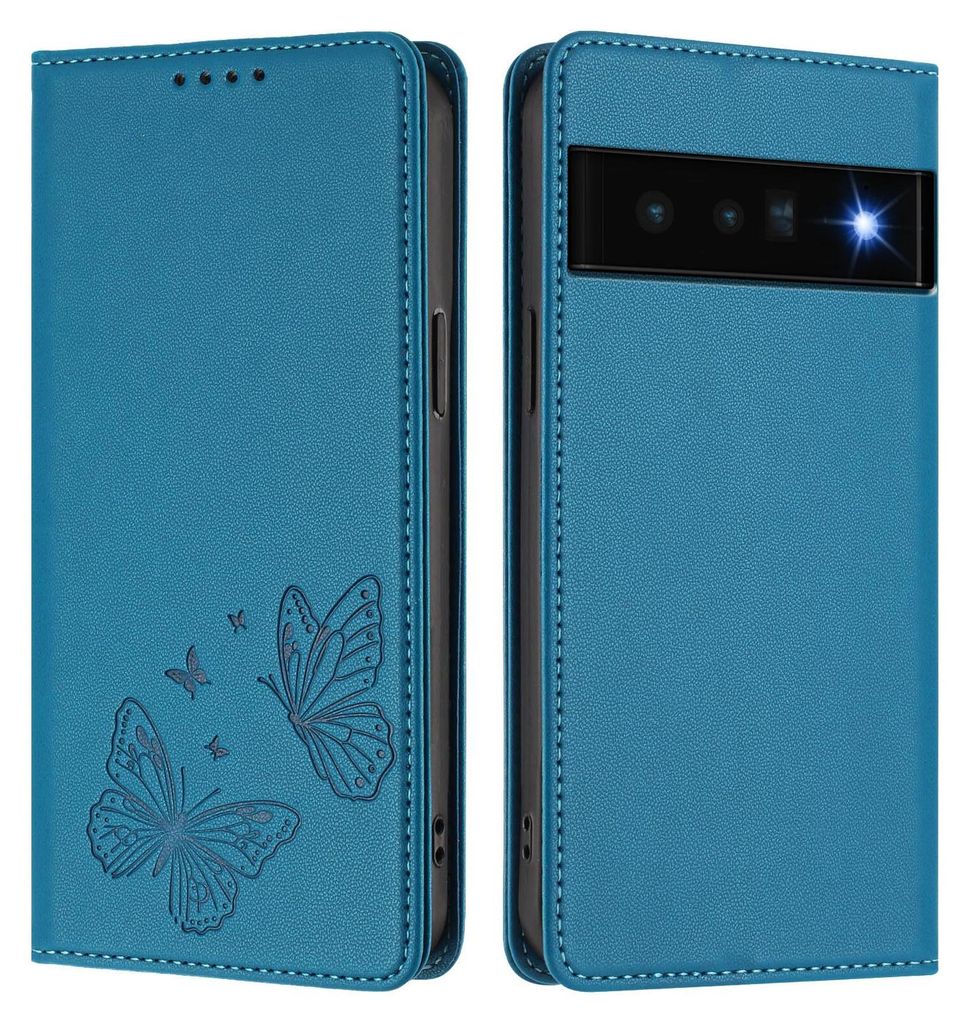 Lederhülle für Google Pixel 6 Pro, Schmetterling Prägung Leder Brieftasche Schutzhülle mit Ständer Blau