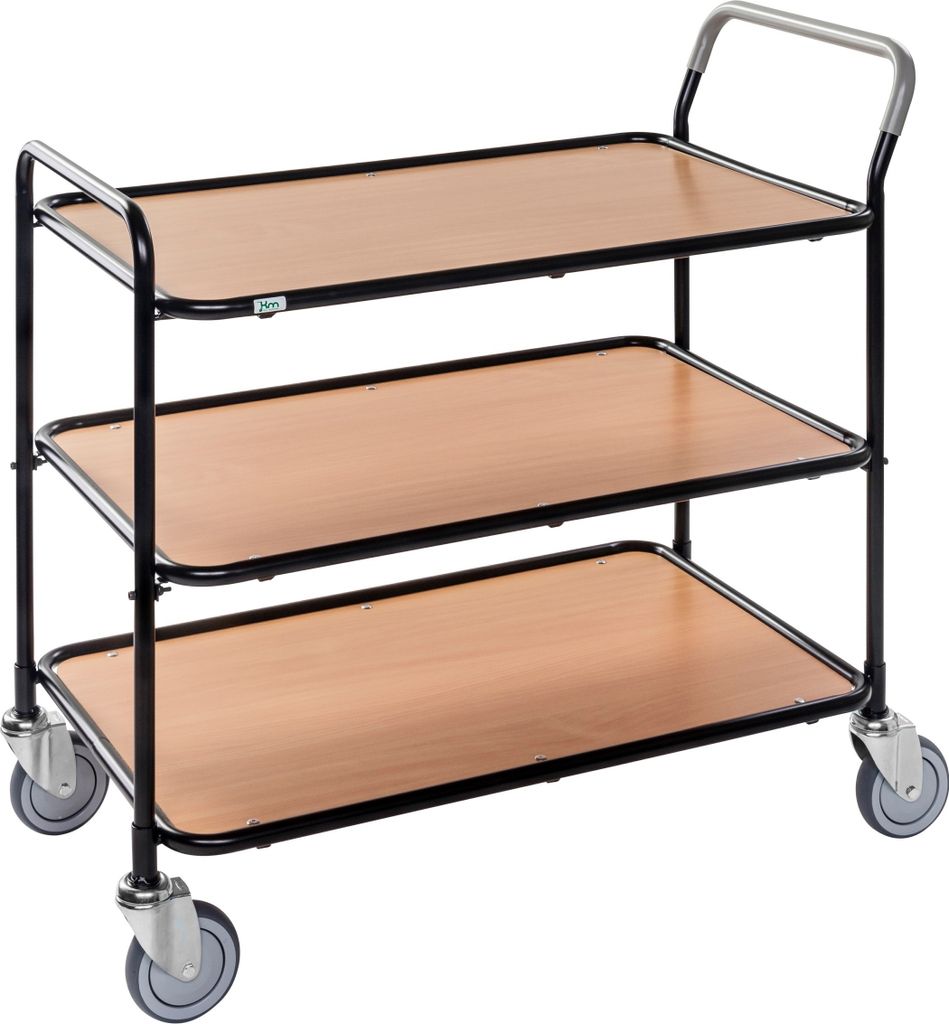 Kongamek Tischwagen aus lackiertem Stahlrohr 850x508mm Ladefläche in Bucheoptik mit 3 Etagen