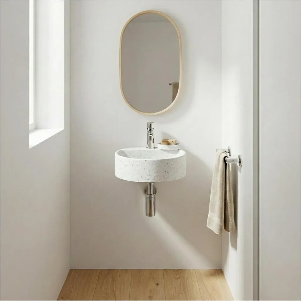 Lave-mains gain de place IZIA rond 30cm en terrazzo pour coin WC moderne